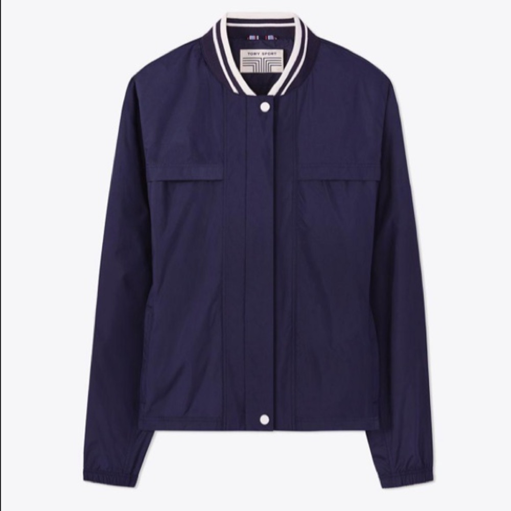 Tory Burch Navy Blue Bomber Jacket with White-Trim Collar